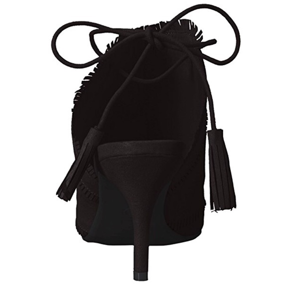 Black Peep Toe Tassels Lace Up Kitten Heel Sandal - Picture 12 of 12